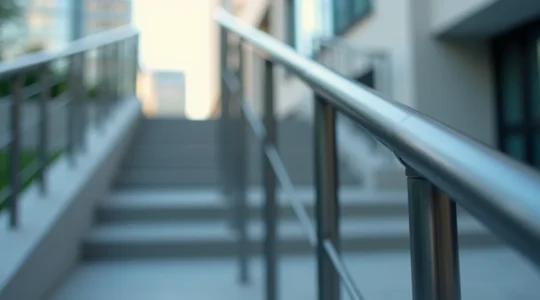 Vue rapprochée d'une rampe d'escalier extérieure métallique dans un environnement urbain moderne