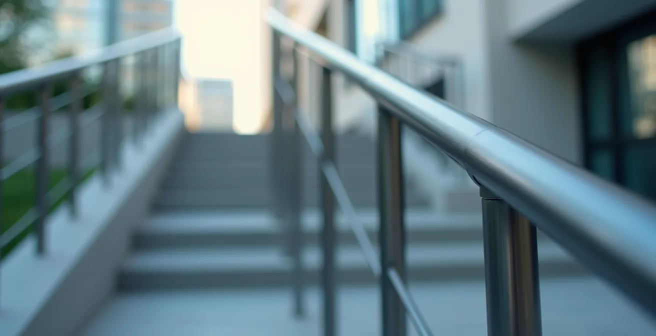Vue rapprochée d'une rampe d'escalier extérieure métallique dans un environnement urbain moderne