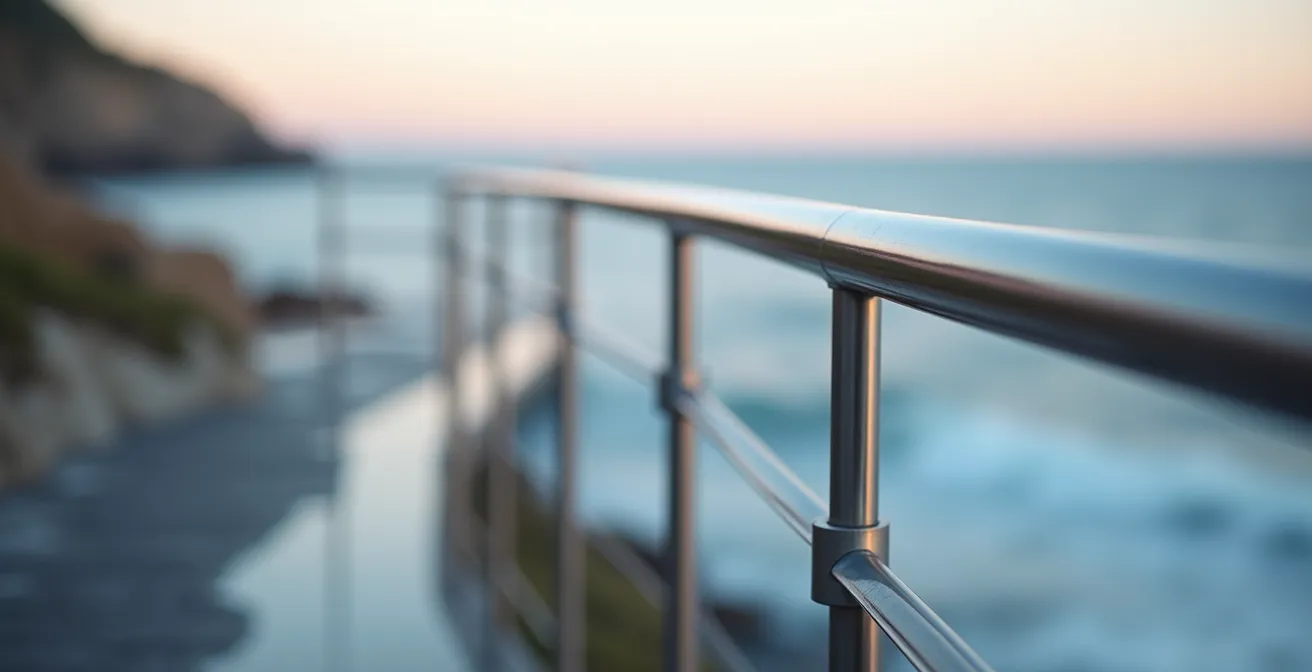 Rampe d'escalier moderne dans un environnement côtier avec embruns marins